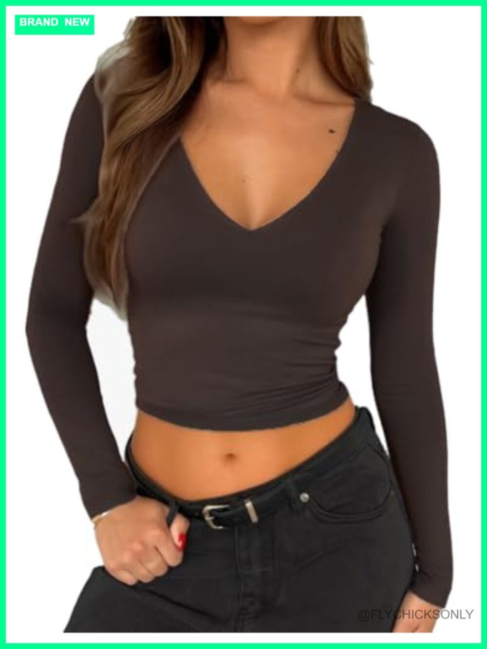 Long Sleeve Crop Top V Neck Double Lined Slim Fit Casual Going Out Tee